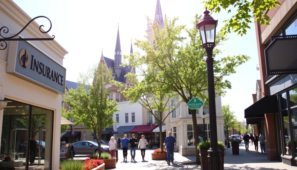 A bright, sun-drenched street in downtown Hagerstown, MD. In the foreground, a local insurance office with a tasteful sign and well-tended landscaping. Through the large windows, clients can be seen discussing their policies. In the middle ground, pedestrians stroll along the sidewalk, passing by storefronts and cafes. In the background, the iconic spires of historic buildings rise up, creating a charming, small-town atmosphere. The overall scene conveys a sense of community, trust, and professionalism - the perfect environment for an insurance provider to engage with its customers.