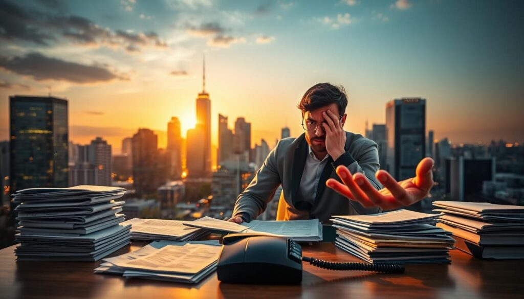 A bustling city skyline, illuminated by the warm glow of the setting sun, serves as the backdrop. In the foreground, a concerned individual sits at a desk, surrounded by stacks of paperwork and a ringing desk phone, symbolizing the frustration of dealing with insurance claim delays. The scene is framed by a pair of hands reaching out, offering guidance and support, representing the intervention of an ombudsman. The lighting is soft and inviting, conveying a sense of hope amidst the bureaucratic challenges. The overall atmosphere is one of perseverance and determination to find a resolution. A bustling city skyline, illuminated by the warm glow of the setting sun, serves as the backdrop. In the foreground, a concerned individual sits at a desk, surrounded by stacks of paperwork and a ringing desk phone, symbolizing the frustration of dealing with insurance claim delays. The scene is framed by a pair of hands reaching out, offering guidance and support, representing the intervention of an ombudsman. The lighting is soft and inviting, conveying a sense of hope amidst the bureaucratic challenges. The overall atmosphere is one of perseverance and determination to find a resolution.