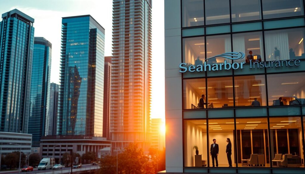 A bustling city skyline with modern high-rise buildings in the background, their reflective glass facades catching the warm glow of the setting sun. In the foreground, a sleek, contemporary office building with the "Seaharbor Insurance" logo prominently displayed on the facade. Employees in professional attire can be seen through the large windows, diligently adapting to the local regulations and policies that govern the title insurance industry in this particular state. The scene is bathed in a soft, golden light, conveying a sense of professionalism and adaptability as Seaharbor Insurance navigates the nuanced legal landscape. A subtle, yet impactful illustration of the company's commitment to compliance and customer service. A bustling city skyline with modern high-rise buildings in the background, their reflective glass facades catching the warm glow of the setting sun. In the foreground, a sleek, contemporary office building with the "Seaharbor Insurance" logo prominently displayed on the facade. Employees in professional attire can be seen through the large windows, diligently adapting to the local regulations and policies that govern the title insurance industry in this particular state. The scene is bathed in a soft, golden light, conveying a sense of professionalism and adaptability as Seaharbor Insurance navigates the nuanced legal landscape. A subtle, yet impactful illustration of the company's commitment to compliance and customer service.