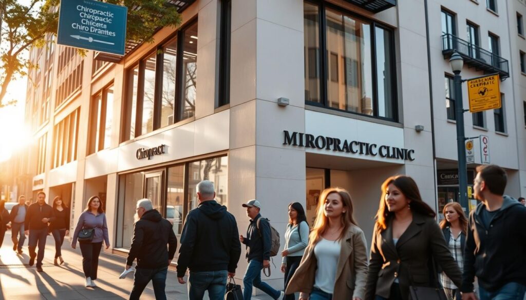 A bustling city street, with a chiropractic clinic in the foreground. The building has a clean, modern facade with large windows and a minimalist sign. People are walking by, some glancing curiously at the clinic. The lighting is warm and natural, casting soft shadows on the sidewalk. The angle is slightly elevated, giving a sense of perspective and drawing the viewer's eye towards the clinic. The overall mood is one of accessibility and professionalism, inviting the viewer to consider this as a potential option for affordable chiropractic care without insurance. A bustling city street, with a chiropractic clinic in the foreground. The building has a clean, modern facade with large windows and a minimalist sign. People are walking by, some glancing curiously at the clinic. The lighting is warm and natural, casting soft shadows on the sidewalk. The angle is slightly elevated, giving a sense of perspective and drawing the viewer's eye towards the clinic. The overall mood is one of accessibility and professionalism, inviting the viewer to consider this as a potential option for affordable chiropractic care without insurance.
