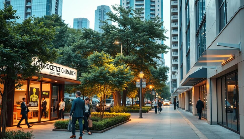 A bustling urban street with well-lit chiropractic clinics along the sidewalk, their signs prominently displaying "Insurance Accepted". In the foreground, people in business attire enter and exit the clinics, conveying a sense of efficient, accessible healthcare. The middle ground features lush trees and landscaping, creating a soothing, natural atmosphere. In the background, modern high-rise buildings rise, suggesting a thriving metropolitan area. Warm, inviting lighting casts a gentle glow over the scene, reflecting the clinics' commitment to patient comfort and wellness. The overall mood is one of professionalism, accessibility, and a holistic approach to chronic pain management. A bustling urban street with well-lit chiropractic clinics along the sidewalk, their signs prominently displaying "Insurance Accepted". In the foreground, people in business attire enter and exit the clinics, conveying a sense of efficient, accessible healthcare. The middle ground features lush trees and landscaping, creating a soothing, natural atmosphere. In the background, modern high-rise buildings rise, suggesting a thriving metropolitan area. Warm, inviting lighting casts a gentle glow over the scene, reflecting the clinics' commitment to patient comfort and wellness. The overall mood is one of professionalism, accessibility, and a holistic approach to chronic pain management.