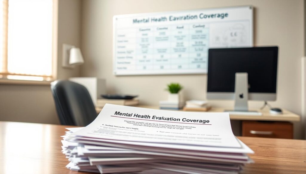 A clean, well-lit medical office with a desk, computer, and stacks of insurance documents. In the foreground, a stack of insurance forms with the title "Mental Health Evaluation Coverage" prominently displayed. Behind the desk, a wall-mounted display shows a breakdown of covered services and co-pay details. The lighting is warm and professional, creating a sense of trust and reliability. The overall scene conveys a sense of understanding and guidance around navigating the complexities of mental health insurance. A clean, well-lit medical office with a desk, computer, and stacks of insurance documents. In the foreground, a stack of insurance forms with the title "Mental Health Evaluation Coverage" prominently displayed. Behind the desk, a wall-mounted display shows a breakdown of covered services and co-pay details. The lighting is warm and professional, creating a sense of trust and reliability. The overall scene conveys a sense of understanding and guidance around navigating the complexities of mental health insurance.