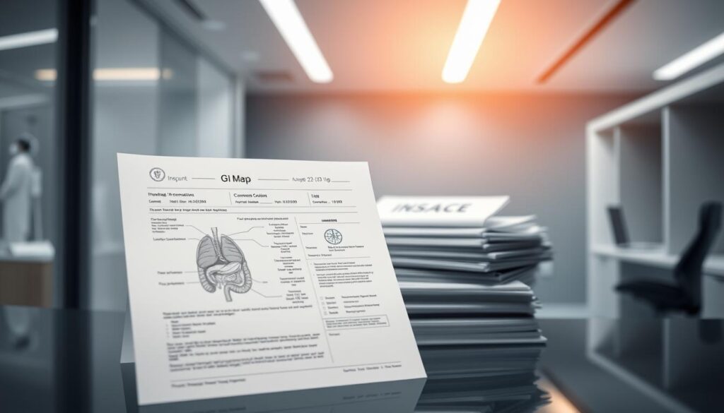 A clinical laboratory report presented against a backdrop of a modern medical office. In the foreground, a detailed GI Map test result with intricate anatomical illustrations. The middle ground showcases a stack of insurance documents, subtly hinting at the acceptance and coverage of this diagnostic test. The background features a sleek, minimalist design with clean lines and a muted color palette, conveying a sense of professionalism and technological advancement. Soft, directional lighting casts a warm, authoritative glow over the scene, emphasizing the credibility and importance of the GI Map test in the future of personalized healthcare and insurance coverage. A clinical laboratory report presented against a backdrop of a modern medical office. In the foreground, a detailed GI Map test result with intricate anatomical illustrations. The middle ground showcases a stack of insurance documents, subtly hinting at the acceptance and coverage of this diagnostic test. The background features a sleek, minimalist design with clean lines and a muted color palette, conveying a sense of professionalism and technological advancement. Soft, directional lighting casts a warm, authoritative glow over the scene, emphasizing the credibility and importance of the GI Map test in the future of personalized healthcare and insurance coverage.