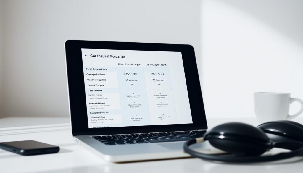 A comparison of car insurance policies displayed on a laptop screen, set against a clean, minimalist background. The laptop's screen shows a side-by-side comparison of coverage plans, premiums, and key features, allowing the viewer to easily evaluate and contrast different options. Soft, diffused lighting illuminates the scene, creating a professional and informative atmosphere. The angle is slightly tilted, drawing the eye towards the laptop screen and creating a sense of depth and perspective. The overall composition is balanced, with the laptop taking up the central focus, surrounded by negative space to draw attention to the content on the screen.