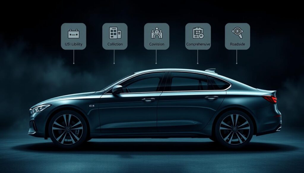 A comprehensive car insurance policy against a dark, atmospheric backdrop. In the foreground, a detailed illustration of a modern sedan with intricate exterior details, crisp edges, and a sleek, aerodynamic silhouette. The mid-ground features a series of floating icons and infographic elements, conveying the breadth of coverage - liability, collision, comprehensive, and roadside assistance. The background is shrouded in a moody, cinematic lighting, with dramatic shadows and highlights that create a sense of depth and gravitas. The overall composition should exude a professional, authoritative tone, reflecting the importance of comprehensive protection for one's vehicle.
