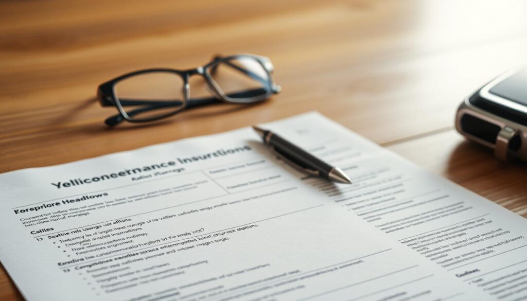 A comprehensive vehicle insurance policy breakdown displayed on a well-lit wooden table. In the foreground, a detailed document with various sections and coverage options laid out neatly. In the middle ground, a pen and a pair of reading glasses, suggesting an analytical examination of the policy. The background features a subtle gradient, allowing the focus to remain on the policy document. The overall mood is one of careful consideration and understanding, conveying the importance of choosing the right comprehensive coverage.