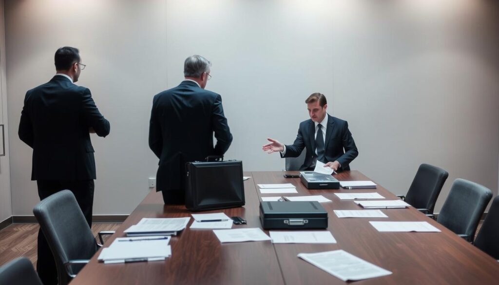 A conference room with a negotiation table, two businesspeople in suits engaged in discussion, briefcases and documents scattered across the table, a neutral backdrop with subtle lighting, creating an atmosphere of tense but professional negotiation. The image conveys the insurance negotiation process, with the parties working to find a mutually acceptable resolution. A conference room with a negotiation table, two businesspeople in suits engaged in discussion, briefcases and documents scattered across the table, a neutral backdrop with subtle lighting, creating an atmosphere of tense but professional negotiation. The image conveys the insurance negotiation process, with the parties working to find a mutually acceptable resolution.