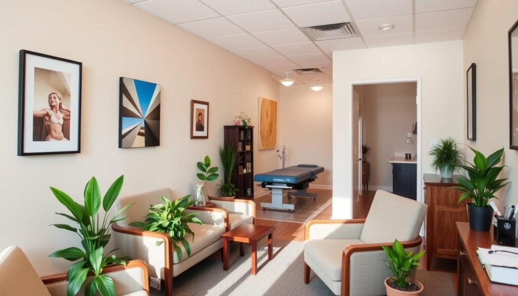 A cozy and well-organized chiropractic office, with a warm and inviting atmosphere. The reception area features comfortable seating, potted plants, and a modern, minimalist design. In the background, the examination rooms are visible, equipped with state-of-the-art chiropractic tables and medical equipment. The lighting is soft and natural, creating a calming ambiance. The overall scene conveys a sense of professionalism and care, reflecting the expertise and attentiveness of the chiropractor who provides personalized treatment and accepts a range of insurance plans. A cozy and well-organized chiropractic office, with a warm and inviting atmosphere. The reception area features comfortable seating, potted plants, and a modern, minimalist design. In the background, the examination rooms are visible, equipped with state-of-the-art chiropractic tables and medical equipment. The lighting is soft and natural, creating a calming ambiance. The overall scene conveys a sense of professionalism and care, reflecting the expertise and attentiveness of the chiropractor who provides personalized treatment and accepts a range of insurance plans.
