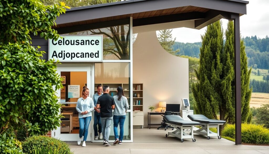 A cozy chiropractic clinic nestled in a lush, verdant setting. The exterior features a serene, welcoming facade with a prominent "Insurance Accepted" sign. In the foreground, a group of patients are entering the clinic, their faces exuding a sense of relief and trust. The middle ground showcases the clinic's clean, modern interior, with ergonomic adjustable tables and state-of-the-art equipment. Soft, warm lighting illuminates the space, creating a calming atmosphere. The background reveals a tranquil outdoor scene, with towering trees and a picturesque landscape, conveying a holistic approach to healthcare. The overall composition emphasizes the importance of accessible, high-quality chiropractic services that work in harmony with patients' insurance coverage. A cozy chiropractic clinic nestled in a lush, verdant setting. The exterior features a serene, welcoming facade with a prominent "Insurance Accepted" sign. In the foreground, a group of patients are entering the clinic, their faces exuding a sense of relief and trust. The middle ground showcases the clinic's clean, modern interior, with ergonomic adjustable tables and state-of-the-art equipment. Soft, warm lighting illuminates the space, creating a calming atmosphere. The background reveals a tranquil outdoor scene, with towering trees and a picturesque landscape, conveying a holistic approach to healthcare. The overall composition emphasizes the importance of accessible, high-quality chiropractic services that work in harmony with patients' insurance coverage.