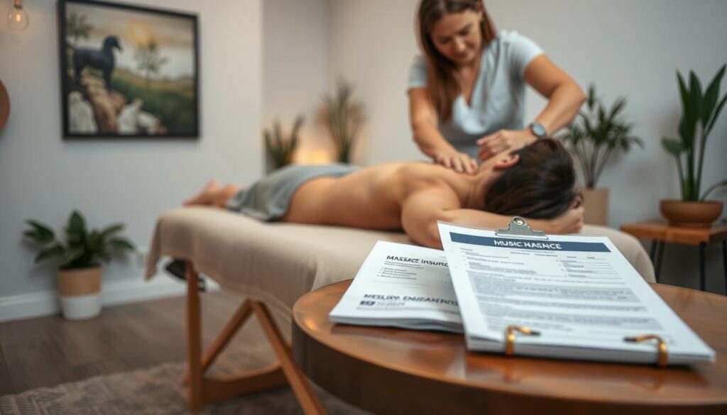 A cozy massage studio with soft lighting and soothing music. In the foreground, a person lies comfortably on a padded massage table, their eyes closed in relaxation as a licensed massage therapist performs a deep tissue massage on their back. The therapist's hands move with precision and care, working out knots and tension. In the middle ground, medical insurance documents and forms sit neatly on a side table, indicating that this massage therapy session is covered by the client's health insurance plan. The background features calming, nature-inspired artwork and potted plants, creating an atmosphere of tranquility and well-being. A cozy massage studio with soft lighting and soothing music. In the foreground, a person lies comfortably on a padded massage table, their eyes closed in relaxation as a licensed massage therapist performs a deep tissue massage on their back. The therapist's hands move with precision and care, working out knots and tension. In the middle ground, medical insurance documents and forms sit neatly on a side table, indicating that this massage therapy session is covered by the client's health insurance plan. The background features calming, nature-inspired artwork and potted plants, creating an atmosphere of tranquility and well-being.