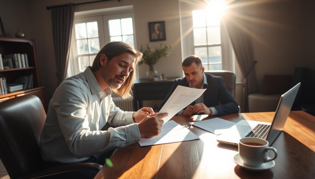 A cozy, well-lit office setting where a real estate agent and a client are seated at a wooden desk, reviewing documents. The agent points to specific sections, explaining the closing process for owner financing. Sunlight streams through large windows, casting a warm glow. Legal paperwork, a laptop, and a cup of coffee sit on the desk, creating a professional, yet welcoming atmosphere. The client leans in, attentively listening, as they embark on this important financial transaction. The scene conveys the significance and attention to detail of the owner financing closing process.