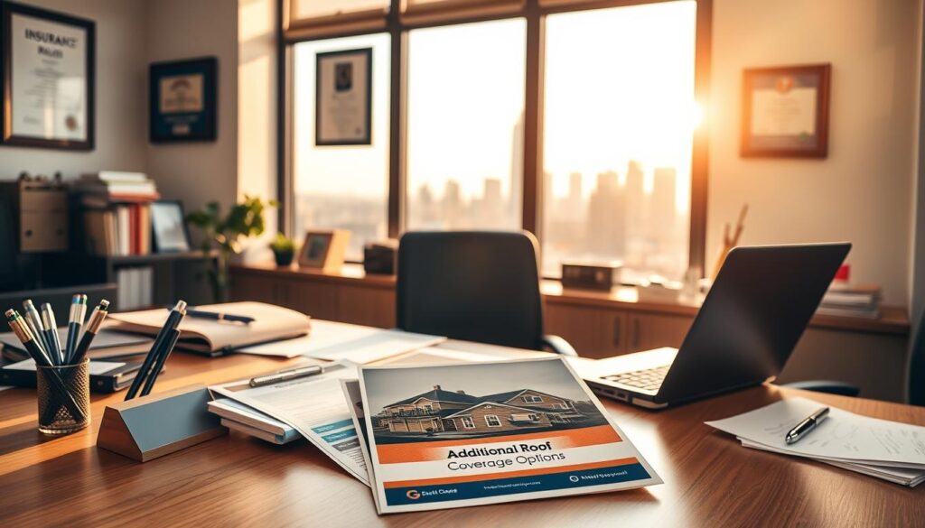 A cozy, well-lit office space with a large desk showcasing various insurance coverage documents and brochures. In the foreground, a stack of colorful pamphlets on "Additional Roof Insurance Coverage Options" take center stage, surrounded by a neat arrangement of pens, a laptop, and a stylized name plaque. The middle ground features a large window overlooking a vibrant urban skyline, bathed in warm, golden afternoon light. The background is tastefully decorated with framed certificates and awards, creating an atmosphere of professionalism and expertise. The overall mood is one of informative diligence, inviting the viewer to explore the diverse insurance options available.