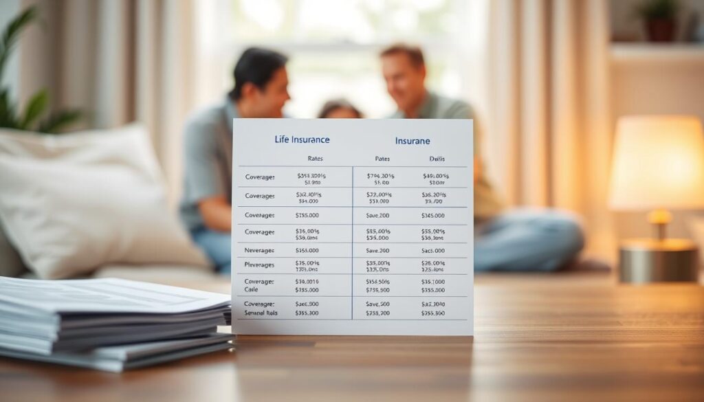 A detailed and visually appealing side-by-side comparison of Gerber Life Insurance rates, showcasing the key coverage options and pricing structures. The foreground features two stacks of insurance documents with subtle highlights, while the middle ground displays a clean, minimalist layout of the relevant rates and plan details. The background is a softly defocused scene of a serene family home, conveying a sense of security and protection. The overall aesthetic is professional, informative, and aligned with the Gerber brand identity. Warm lighting from the side casts a gentle glow, lending a sense of trustworthiness to the presentation. A detailed and visually appealing side-by-side comparison of Gerber Life Insurance rates, showcasing the key coverage options and pricing structures. The foreground features two stacks of insurance documents with subtle highlights, while the middle ground displays a clean, minimalist layout of the relevant rates and plan details. The background is a softly defocused scene of a serene family home, conveying a sense of security and protection. The overall aesthetic is professional, informative, and aligned with the Gerber brand identity. Warm lighting from the side casts a gentle glow, lending a sense of trustworthiness to the presentation.