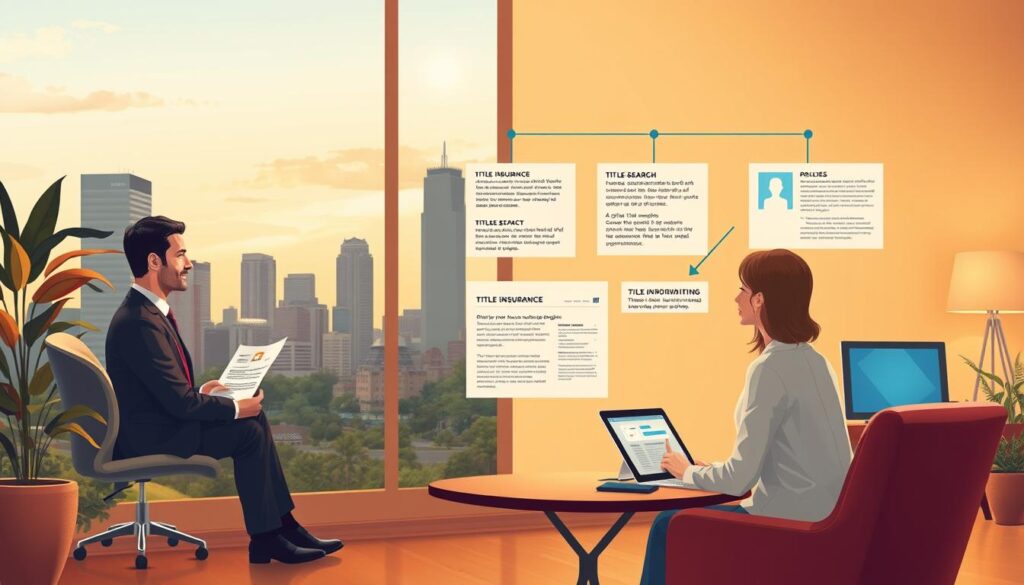 A detailed architectural illustration showcasing the process of obtaining title insurance in Georgia. Set in a warm, welcoming atmosphere, the foreground depicts a professional meeting between a real estate agent and a homeowner, discussing the intricacies of title insurance policies. The middle ground highlights key steps in the title search and underwriting, with documents and computer screens visible. In the background, a cityscape of Atlanta skyline provides a contextual setting, bathed in soft, golden lighting to convey a sense of trust and security. The composition emphasizes the importance of thorough title investigation for owner-financed transactions in the state of Georgia.