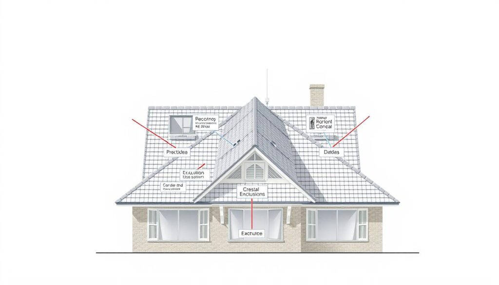 A detailed blueprint of a residential roof, showcasing the various components and exclusions in a typical home insurance policy. A crisp, technical illustration captured under bright, directional lighting, providing a clear, informative view. The roof appears in the center, framed by a serene, neutral background, allowing the key details to take center stage. Precise labels highlight the specific areas of the roof that are commonly excluded from coverage, guiding the viewer's understanding of the nuances in home insurance policies.