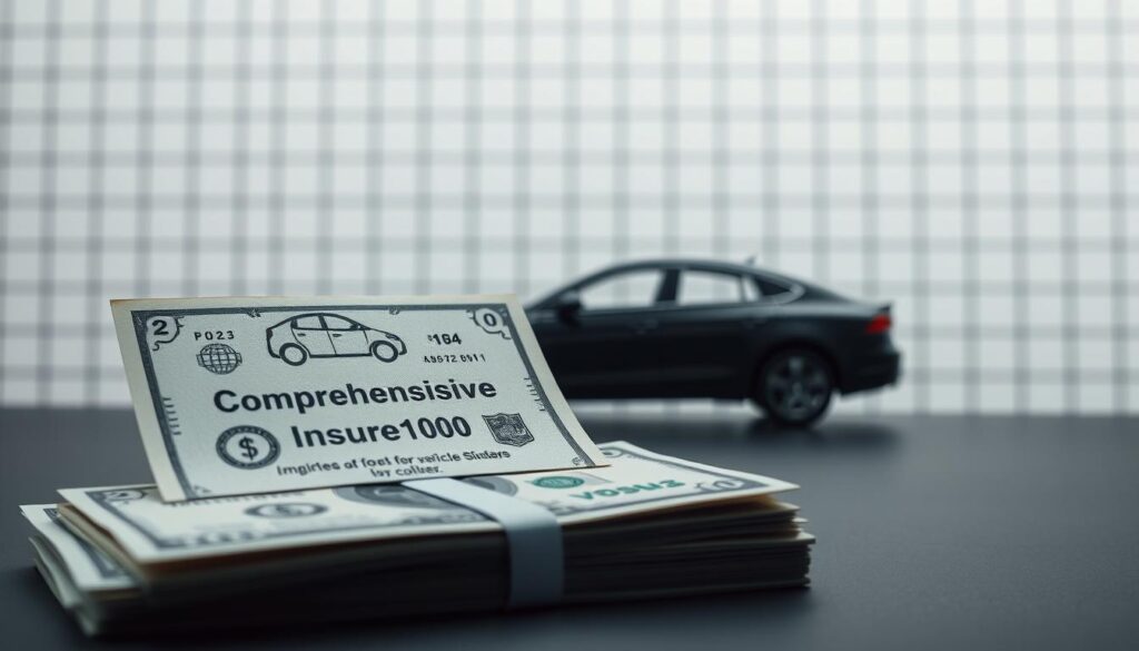 A detailed, high-resolution image of comprehensive vehicle insurance costs, captured in a minimalist, modern style. In the foreground, a stack of dollar bills representing the financial outlay, with an overlay of a car icon and insurance-related symbols. The middle ground features a clean, sleek vehicle silhouette, representing the insured asset. The background showcases a subtle grid pattern, conveying the structured nature of insurance policies. The lighting is soft and diffused, creating a sense of sophistication and professionalism. The overall composition emphasizes the importance of comprehensive coverage for protecting one's vehicle investment.
