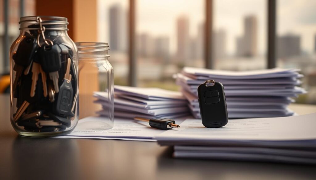 A detailed, high-resolution image of various car insurance policies and coverage options displayed on a modern, minimalist background. In the foreground, a clear glass jar filled with car keys symbolizes the importance of comprehensive car insurance. In the middle ground, a stack of documents and forms represents the administrative aspects of car insurance. The background features a blurred cityscape, hinting at the broader context of vehicle ownership and the need for reliable protection. Warm, muted lighting creates a sense of professionalism and authority, while a slightly low camera angle emphasizes the significance of the subject matter.