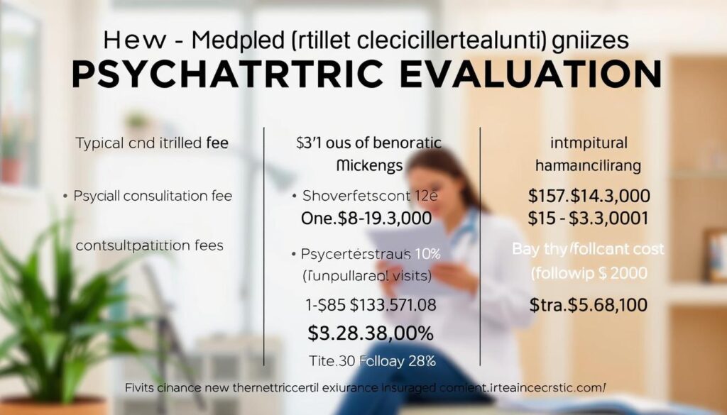 A detailed illustration of the costs associated with a psychiatric evaluation, set against a softly blurred medical clinic background. In the foreground, a clear breakdown of typical expenses, including the initial consultation fee, diagnostic testing, and any additional follow-up visits, all with a focus on the out-of-pocket costs after insurance coverage. The middle ground showcases a medical professional, perhaps a therapist or psychiatrist, reviewing documents and charts, conveying the professional expertise involved. The background gently hints at the calming, clinical atmosphere of a healthcare facility. The overall mood is informative yet reassuring, providing a comprehensive visual guide to understanding the financial implications of a psychiatric evaluation. A detailed illustration of the costs associated with a psychiatric evaluation, set against a softly blurred medical clinic background. In the foreground, a clear breakdown of typical expenses, including the initial consultation fee, diagnostic testing, and any additional follow-up visits, all with a focus on the out-of-pocket costs after insurance coverage. The middle ground showcases a medical professional, perhaps a therapist or psychiatrist, reviewing documents and charts, conveying the professional expertise involved. The background gently hints at the calming, clinical atmosphere of a healthcare facility. The overall mood is informative yet reassuring, providing a comprehensive visual guide to understanding the financial implications of a psychiatric evaluation.