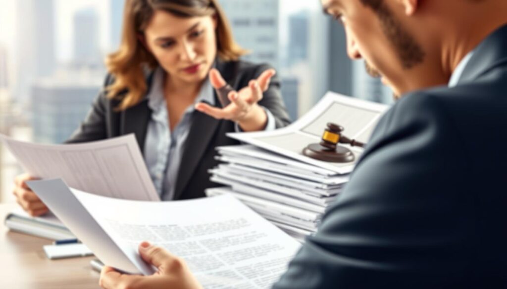 A detailed illustration of the title insurance process. In the foreground, a person reviewing legal documents, focused expression on their face. Behind them, a real estate agent gesturing while explaining the process. In the middle ground, a stack of documents, a gavel, and a name seal stamp. The background features a blurred cityscape, conveying the professional, legal setting. Soft, natural lighting illuminates the scene, creating a sense of clarity and authenticity. The composition is balanced, drawing the viewer's eye through the layers of the process. An authoritative, yet approachable atmosphere pervades the image. A detailed illustration of the title insurance process. In the foreground, a person reviewing legal documents, focused expression on their face. Behind them, a real estate agent gesturing while explaining the process. In the middle ground, a stack of documents, a gavel, and a name seal stamp. The background features a blurred cityscape, conveying the professional, legal setting. Soft, natural lighting illuminates the scene, creating a sense of clarity and authenticity. The composition is balanced, drawing the viewer's eye through the layers of the process. An authoritative, yet approachable atmosphere pervades the image.