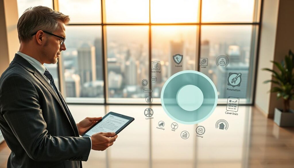 A detailed, photorealistic image of comprehensive auto insurance benefits, depicting a well-lit, modern office setting. In the foreground, a smartly dressed insurance agent explains policy details to a concerned customer, gesturing towards a tablet displaying a comprehensive coverage diagram. The middle ground showcases various insurance icons, symbols, and infographic elements floating in a serene, minimalist space. The background features a panoramic view of a bustling city skyline through large windows, suggesting the broader context of comprehensive protection. The lighting is warm and inviting, creating a sense of professionalism and trustworthiness. The overall mood is one of clarity, security, and the peace of mind that comprehensive auto insurance provides.