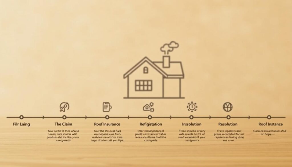 A detailed timeline depicting the claims process for roof insurance. In the foreground, a series of icons and infographic elements illustrate the key steps, from filing the claim to resolution, with clean lines and a minimalist aesthetic. The middle ground showcases a simplified architectural rendering of a residential home, emphasizing the roof as the focal point. The background features a subtly textured backdrop, conveying a sense of professionalism and trustworthiness. Warm, muted tones create a calming, informative atmosphere, with balanced lighting and a close, detailed perspective to invite the viewer's engagement.