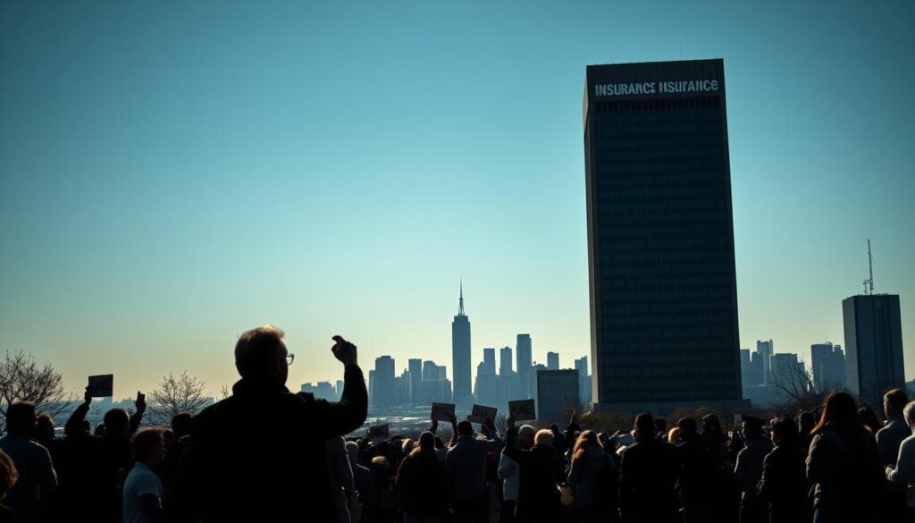A determined person stands resolute, facing a towering bureaucratic edifice representing an unresponsive insurance company. Dramatic lighting casts sharp shadows, conveying the weight of the challenge. In the middle ground, a small group gathers, raising placards and voices to draw attention to the issue. In the background, a city skyline fades into the distance, suggesting the broader scope of the problem. The scene exudes a sense of resilience, unity, and the power of collective action to overcome institutional inertia. A determined person stands resolute, facing a towering bureaucratic edifice representing an unresponsive insurance company. Dramatic lighting casts sharp shadows, conveying the weight of the challenge. In the middle ground, a small group gathers, raising placards and voices to draw attention to the issue. In the background, a city skyline fades into the distance, suggesting the broader scope of the problem. The scene exudes a sense of resilience, unity, and the power of collective action to overcome institutional inertia.