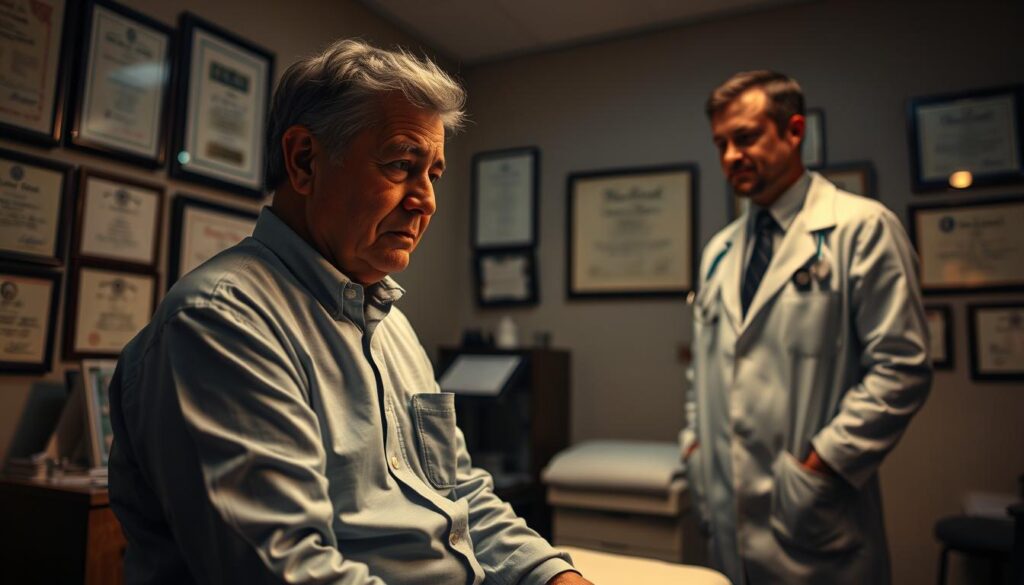 A dimly lit doctor's office, the walls lined with medical diplomas and certificates. In the foreground, a middle-aged person sits on an examination table, their face etched with concern, conveying the distress of an uninsured patient seeking chiropractic care. The chiropractor, wearing a crisp white coat, stands nearby, their expression empathetic as they explain treatment options within the patient's financial constraints. The room is bathed in a warm, subdued lighting, creating an atmosphere of professionalism and understanding, reflecting the challenges faced by those seeking affordable healthcare without insurance coverage. A dimly lit doctor's office, the walls lined with medical diplomas and certificates. In the foreground, a middle-aged person sits on an examination table, their face etched with concern, conveying the distress of an uninsured patient seeking chiropractic care. The chiropractor, wearing a crisp white coat, stands nearby, their expression empathetic as they explain treatment options within the patient's financial constraints. The room is bathed in a warm, subdued lighting, creating an atmosphere of professionalism and understanding, reflecting the challenges faced by those seeking affordable healthcare without insurance coverage.