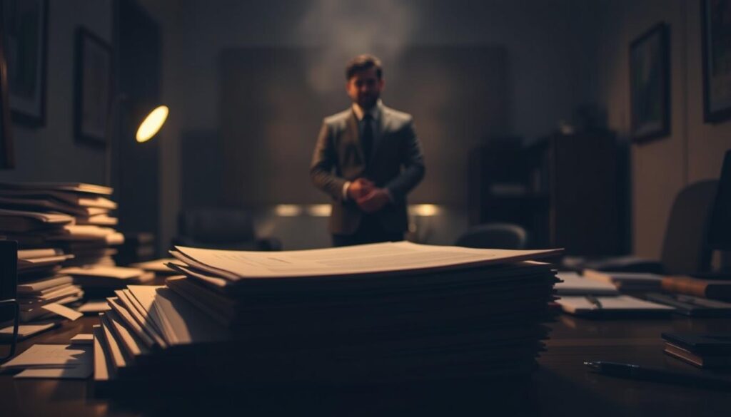 A dimly lit office space, with a sense of unease and uncertainty. In the foreground, a stack of documents sits on a cluttered desk, casting shadows across the surface. In the middle ground, a person stands, hands clasped, their expression reflecting the weight of potential legal and financial risks. The background is hazy, suggesting the unknown and unseen threats that come with forgoing title insurance. Soft, warm lighting casts a somber tone, while the composition emphasizes the gravity of the situation. A dimly lit office space, with a sense of unease and uncertainty. In the foreground, a stack of documents sits on a cluttered desk, casting shadows across the surface. In the middle ground, a person stands, hands clasped, their expression reflecting the weight of potential legal and financial risks. The background is hazy, suggesting the unknown and unseen threats that come with forgoing title insurance. Soft, warm lighting casts a somber tone, while the composition emphasizes the gravity of the situation.