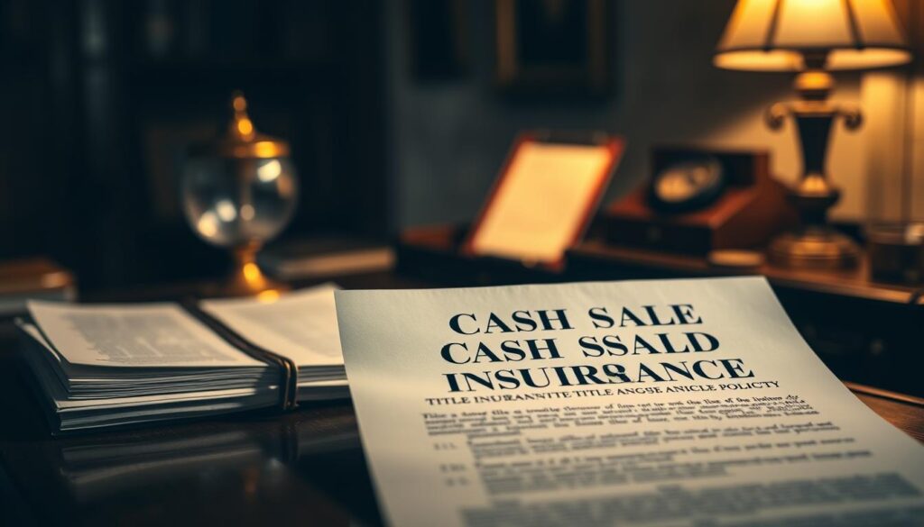 A dimly lit office, the ambiance of a bygone era. On the desk, a stack of legal documents and an ornate desk lamp casting a warm glow. In the foreground, a cash sale title insurance policy, its intricate design and bold lettering commanding attention. The background blurs, drawing the viewer's focus to the central document - a symbol of the potential risks and financial consequences of forgoing this essential protection. The scene exudes a sense of gravity and the need for cautious deliberation, mirroring the weighty subject matter.