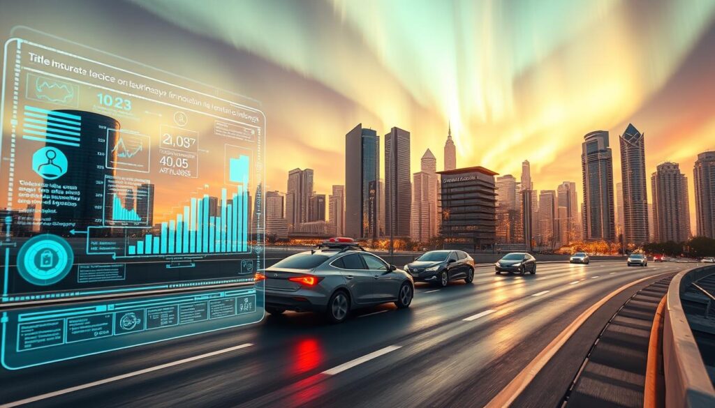 A dynamic futuristic landscape depicting the evolution of title insurance industry. In the foreground, a transparent holographic interface showcases innovative digital tools and data analytics. In the middle ground, sleek autonomous vehicles navigate through a cityscape of gleaming high-rises, symbolizing the integration of title services with smart city infrastructure. The background features a vibrant aurora borealis-like sky, hinting at the transformative technological advancements shaping the future of title insurance. The scene is illuminated by a warm, diffused lighting that casts a sense of optimism and progress. Captured through a wide-angle lens to convey a grand, visionary perspective. A dynamic futuristic landscape depicting the evolution of title insurance industry. In the foreground, a transparent holographic interface showcases innovative digital tools and data analytics. In the middle ground, sleek autonomous vehicles navigate through a cityscape of gleaming high-rises, symbolizing the integration of title services with smart city infrastructure. The background features a vibrant aurora borealis-like sky, hinting at the transformative technological advancements shaping the future of title insurance. The scene is illuminated by a warm, diffused lighting that casts a sense of optimism and progress. Captured through a wide-angle lens to convey a grand, visionary perspective.