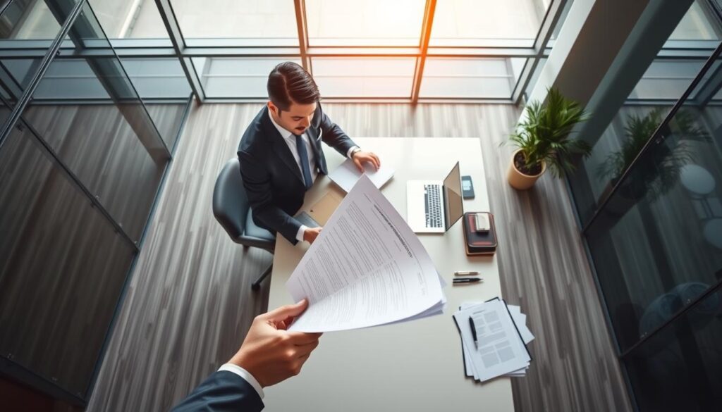 A dynamic, top-down view of a modern, glass-walled office space. In the foreground, a well-dressed professional examines a stack of documents, representing the paperwork involved in "title insurance for cash buyers". The middle ground showcases a large, sleek desk, a laptop, and an array of pens and folders, conveying the organized workflow. The background depicts floor-to-ceiling windows, allowing natural light to flood the room and creating a sense of openness and transparency. The overall scene exudes an atmosphere of professionalism, efficiency, and attention to detail, reflecting the key differences between cash buyers and financed buyers in the context of real estate transactions.