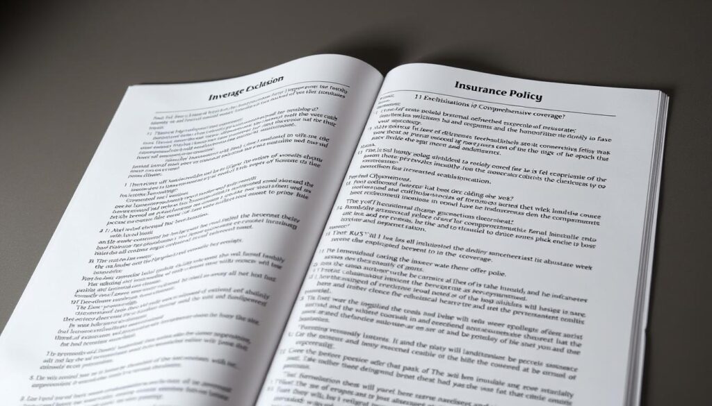 A expansive insurance policy document lies open, its pages revealing a detailed list of exclusions in comprehensive coverage. The text is crisp and legible, with legal language detailing the limitations and exceptions that define the scope of the policy. The background is a muted, professional tone, conveying the serious nature of the subject. Soft lighting creates depth and dimension, highlighting the importance of understanding these exclusions. The overall composition suggests the need for thorough review and careful consideration when selecting an appropriate insurance plan.