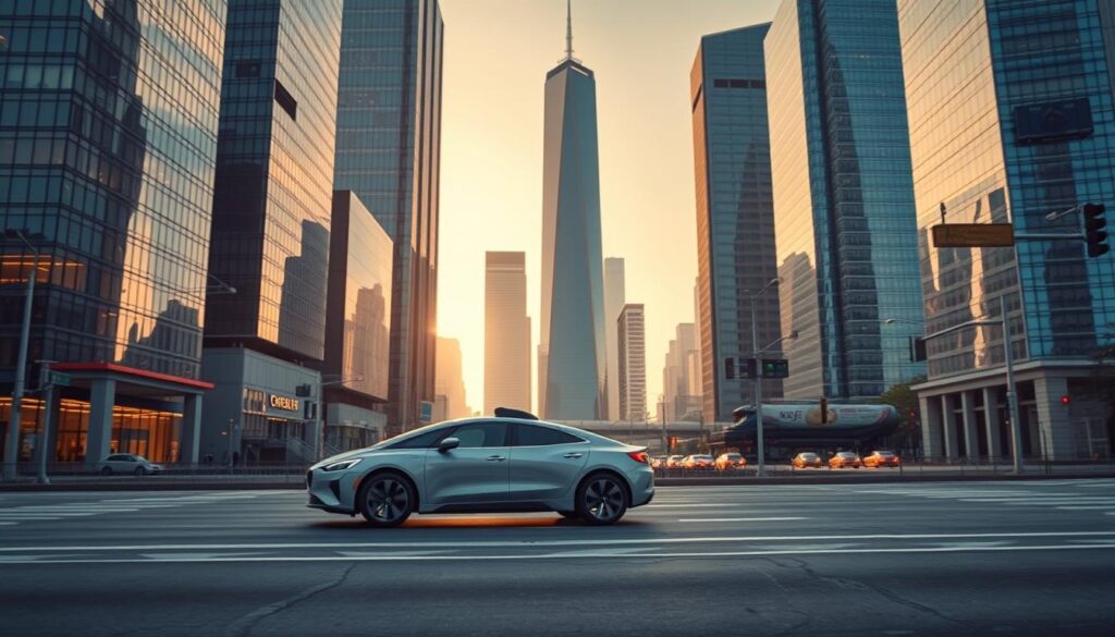 A futuristic cityscape unfolds, with autonomous vehicles seamlessly navigating the streets. In the foreground, a sleek, self-driving car glides past skyscrapers, their mirrored facades reflecting the vibrant urban landscape. In the middle ground, a network of interconnected infrastructure supports the autonomous vehicles, including intelligent traffic signals and synchronized communication systems. The background showcases a serene, minimalist skyline, bathed in a warm, golden hue, symbolizing the transformative impact of this emerging technology on the car insurance industry. The scene evokes a sense of efficiency, safety, and the dawn of a new era in transportation and risk management.