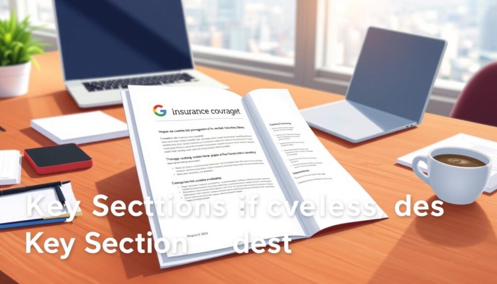 A high-quality, detailed illustration of an insurance coverage document for a Google Business Profile, showcased on a wooden desk with natural lighting and a clean, professional atmosphere. The foreground depicts the insurance document open, displaying coverage details and a Google logo. The middle ground features office supplies, a laptop, and a cup of coffee, conveying a productive working environment. The background has a soft, blurred cityscape visible through a window, suggesting the broader business context. The overall scene conveys the importance of proper insurance coverage for a Google Business Profile, aligning with the section title "Key Sections of the Request Form".