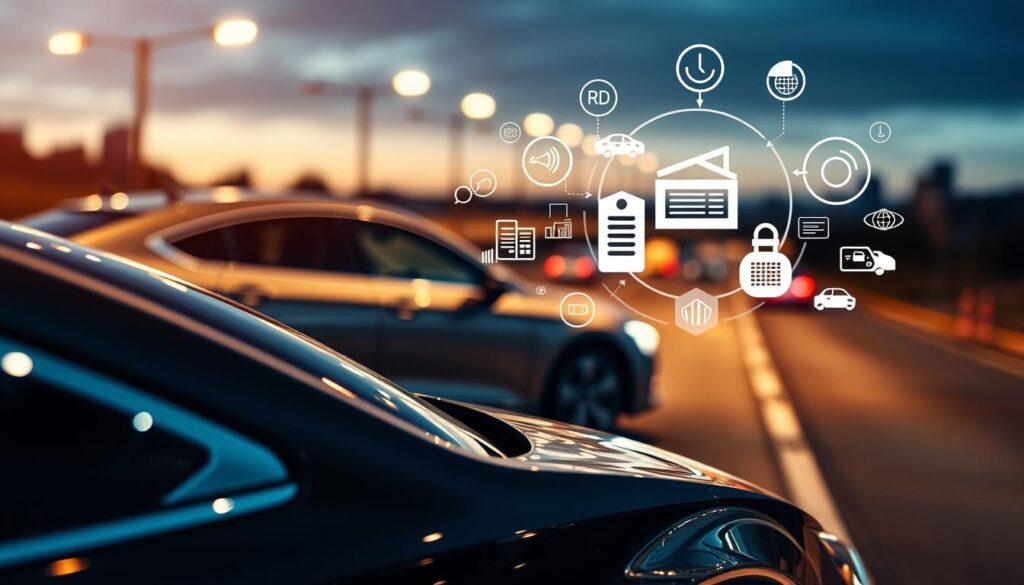 A high-quality, visually-striking image depicting comprehensive insurance coverage for vehicles. In the foreground, a sleek, modern car with a glossy finish is prominently displayed, emphasizing the focus on automotive insurance. The middle ground features a dynamic representation of insurance policies, with abstract shapes and symbols conveying the comprehensive nature of the coverage. In the background, a softly blurred cityscape or highway scene sets the contextual stage, evoking the real-world application of such insurance. The lighting is dramatic, with a mix of warm and cool tones creating a sense of depth and emphasis. The overall mood is one of professionalism, reliability, and the importance of protecting one's valuable assets.