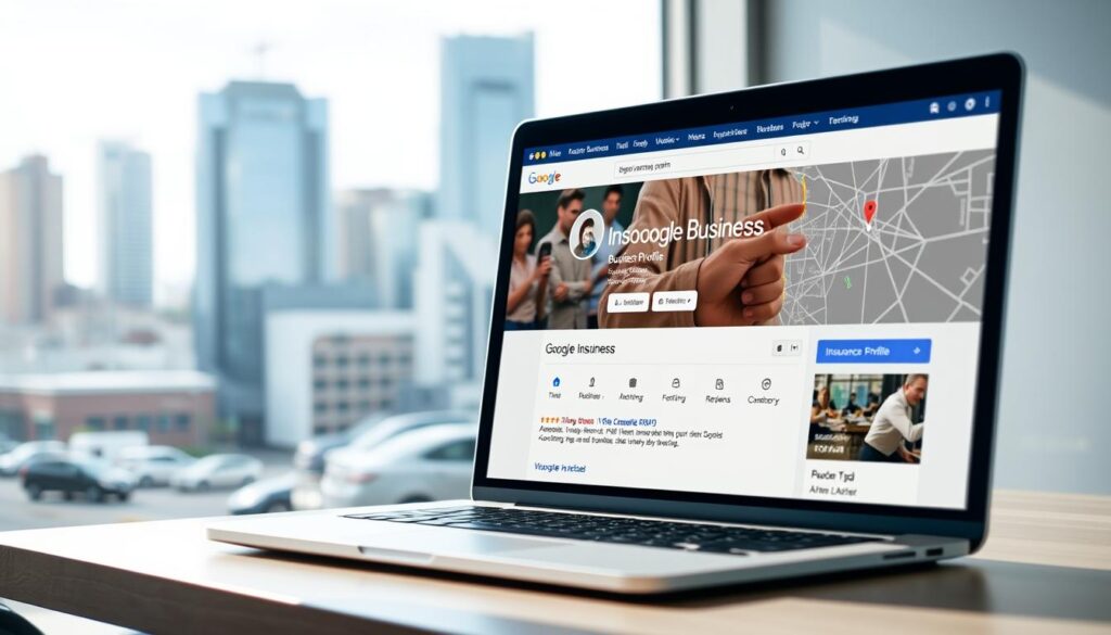 A high-resolution, detailed image of a Google Business Profile for Insurance Agents, presented in a clean, professional manner. The foreground features the prominent Google Business Profile interface, showcasing relevant information such as the business name, address, phone number, reviews, and rating. The middle ground depicts a laptop or desktop computer screen, displaying the Google Business Profile in a web browser. The background subtly blends insurance-related imagery, such as a cityscape with buildings, cars, and people, conveying the context of insurance services. The lighting is natural and diffused, creating a warm, inviting atmosphere. The overall composition emphasizes the importance of the Google Business Profile in the insurance industry, making it an informative and visually appealing illustration for the article.