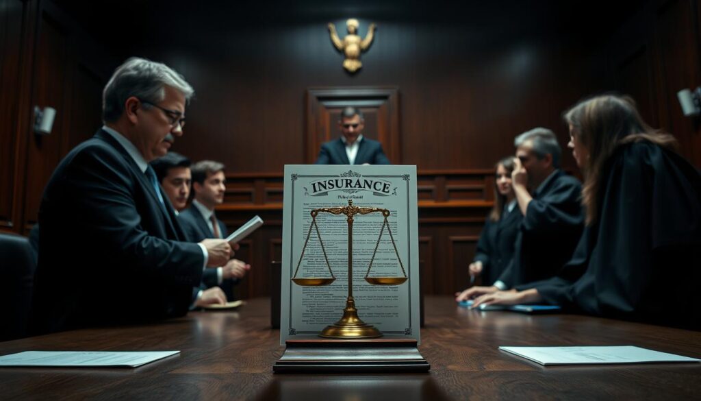 A high-stakes courtroom setting, bathed in somber lighting. At the center, a legal document emblazoned with the scales of justice, representing the insurance lawsuit process. Surrounding it, serious-faced figures in suits and robes, engaged in a tense negotiation. In the background, an imposing wooden bench and mahogany paneled walls, conveying the gravity of the proceedings. A sense of determination and perseverance permeates the scene, as the lawsuit process unfolds with purpose and resolve. A high-stakes courtroom setting, bathed in somber lighting. At the center, a legal document emblazoned with the scales of justice, representing the insurance lawsuit process. Surrounding it, serious-faced figures in suits and robes, engaged in a tense negotiation. In the background, an imposing wooden bench and mahogany paneled walls, conveying the gravity of the proceedings. A sense of determination and perseverance permeates the scene, as the lawsuit process unfolds with purpose and resolve.