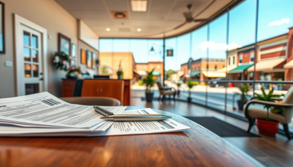 A highly detailed and photorealistic image of dental insurance participation information in the heartland region. The foreground depicts a stack of insurance documents, forms, and patient records on a polished oak desk, with a steel pen resting on top. The middle ground showcases a warm, inviting reception area of a dental office, with comfortable chairs and potted plants. The background portrays a panoramic view of a small-town main street, with brick buildings, awnings, and a clear blue sky overhead. Soft, natural lighting illuminates the scene, creating a professional and trustworthy atmosphere. The overall composition conveys a sense of reliable, community-focused dental healthcare services in the heartland. A highly detailed and photorealistic image of dental insurance participation information in the heartland region. The foreground depicts a stack of insurance documents, forms, and patient records on a polished oak desk, with a steel pen resting on top. The middle ground showcases a warm, inviting reception area of a dental office, with comfortable chairs and potted plants. The background portrays a panoramic view of a small-town main street, with brick buildings, awnings, and a clear blue sky overhead. Soft, natural lighting illuminates the scene, creating a professional and trustworthy atmosphere. The overall composition conveys a sense of reliable, community-focused dental healthcare services in the heartland.