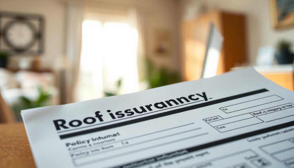 A highly detailed and realistic close-up image of a roof insurance policy form, photographed in natural daylight with a shallow depth of field and a warm, inviting atmosphere. The form should be prominently displayed in the center of the frame, with a soft focus on the key sections and fields. The background should be subtly blurred, suggesting a domestic or office setting, but not distracting from the main subject. The form should appear crisp, clean, and professionally presented, conveying a sense of reliability and trustworthiness.