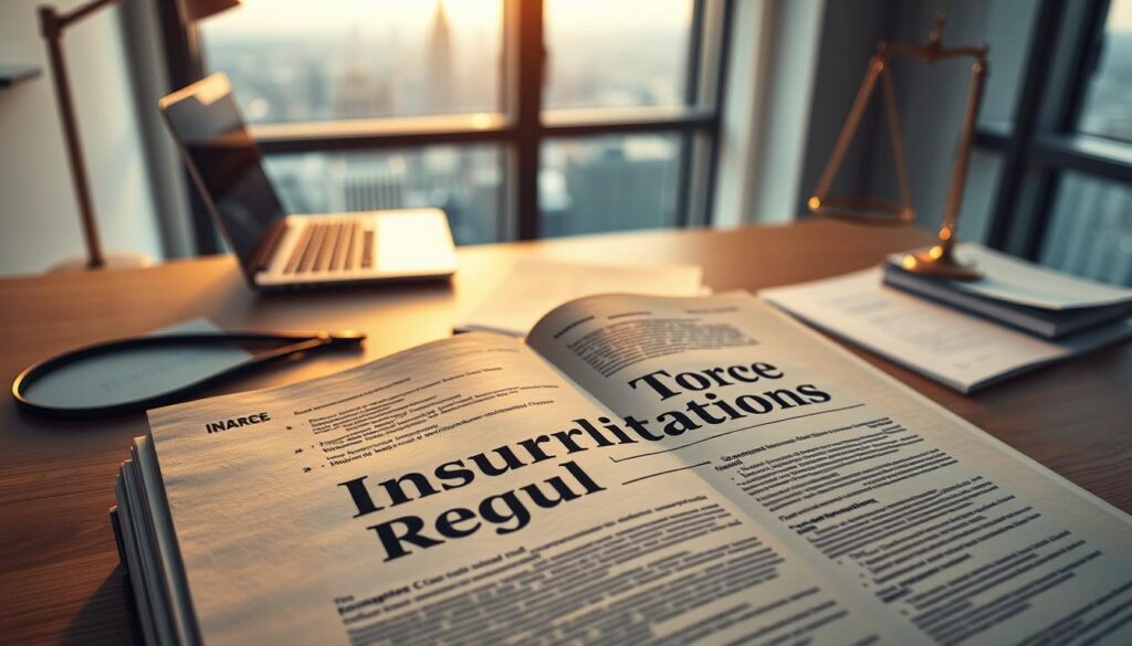 A meticulously crafted scene showcasing the intricate web of insurance regulations. In the foreground, a detailed document emblazoned with "Insurance Regulations" lies open, its pages illuminated by warm, directional lighting. Surrounding it, a minimalist office setting with a wooden desk, a laptop, and a succinct stack of papers, all captured in a clean, crisp focus. In the background, a softly blurred cityscape visible through a large window, hinting at the broader legal and economic landscape that shapes the insurance industry. The overall atmosphere conveys a sense of professionalism, authority, and the gravity of the subject matter. A meticulously crafted scene showcasing the intricate web of insurance regulations. In the foreground, a detailed document emblazoned with "Insurance Regulations" lies open, its pages illuminated by warm, directional lighting. Surrounding it, a minimalist office setting with a wooden desk, a laptop, and a succinct stack of papers, all captured in a clean, crisp focus. In the background, a softly blurred cityscape visible through a large window, hinting at the broader legal and economic landscape that shapes the insurance industry. The overall atmosphere conveys a sense of professionalism, authority, and the gravity of the subject matter.
