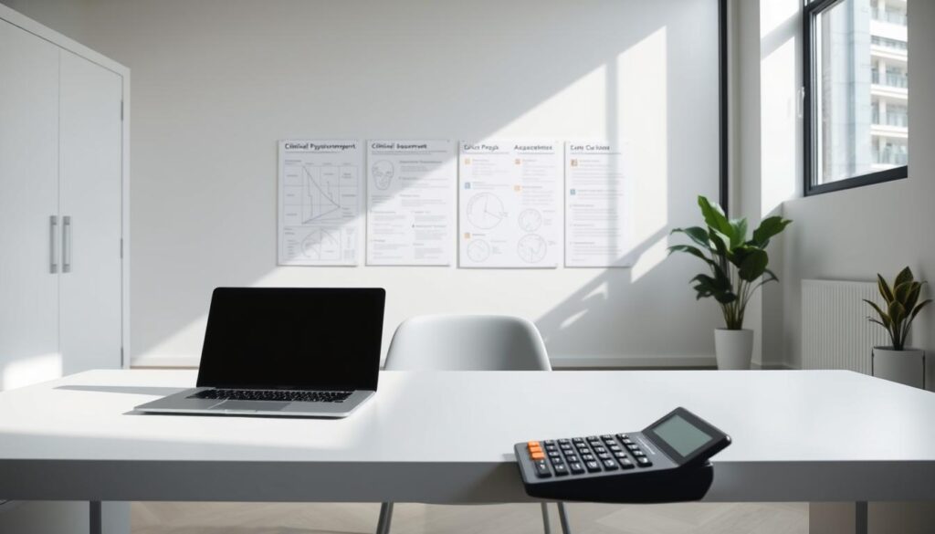 A minimalist and modern office space, with clean lines and muted tones. In the foreground, a laptop and calculator sit on a sleek, minimalist desk, symbolizing the financial aspect of psychological assessments. In the middle ground, clinical psychology charts and diagrams are displayed on the wall, providing a visual reference to the assessment process. The background features large windows, allowing natural light to flood the room, creating a calming and professional atmosphere. The lighting is soft and diffused, creating subtle shadows and highlights that accentuate the simplicity of the design. The overall mood is one of efficiency, practicality, and attention to detail, reflecting the importance of thorough psychological assessments. A minimalist and modern office space, with clean lines and muted tones. In the foreground, a laptop and calculator sit on a sleek, minimalist desk, symbolizing the financial aspect of psychological assessments. In the middle ground, clinical psychology charts and diagrams are displayed on the wall, providing a visual reference to the assessment process. The background features large windows, allowing natural light to flood the room, creating a calming and professional atmosphere. The lighting is soft and diffused, creating subtle shadows and highlights that accentuate the simplicity of the design. The overall mood is one of efficiency, practicality, and attention to detail, reflecting the importance of thorough psychological assessments.