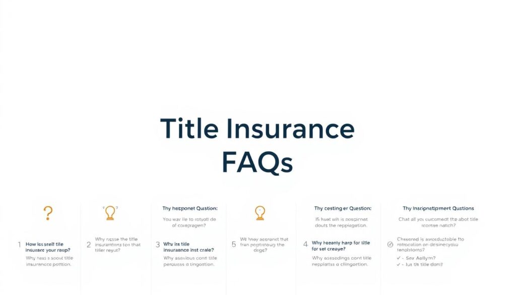 A minimalist, clean-looking infographic depicting "Title Insurance FAQs" set against a light, airy background. The foreground features a grid-like arrangement of question icons, each with a simple line drawing and a corresponding succinct answer below. The middle ground showcases the central title "Title Insurance FAQs" in a modern, sans-serif typeface. The background has a subtle gradient or soft texture, providing a sense of depth and professionalism. Overall, the image conveys an informative, approachable, and visually engaging presentation of common questions about title insurance.