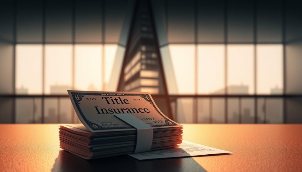 A modern and minimalist illustration depicting the cost of title insurance. In the foreground, a stack of dollar bills and a title insurance document, illuminated by warm, directional lighting creating soft shadows. In the middle ground, a sleek, geometric architectural backdrop, suggesting the subject's connection to real estate. The background fades into a soft, hazy gradient, creating a sense of depth and focus on the financial elements. The overall mood is one of professionalism, attention to detail, and the importance of protecting one's investment. Captured with a wide-angle lens to emphasize the key elements and their relationships.