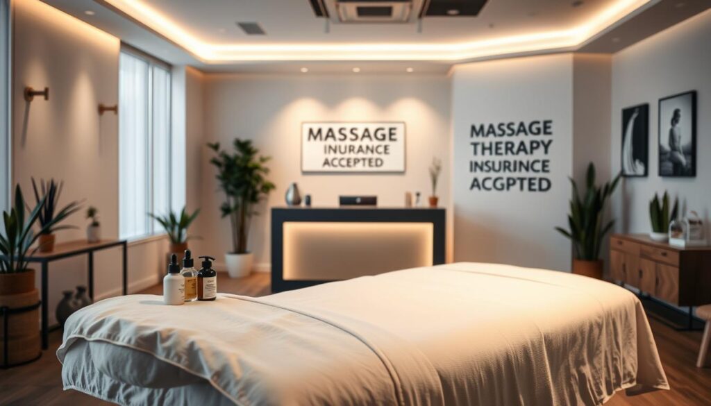 A modern and sleek massage therapy clinic with a welcoming atmosphere. In the foreground, a massage table is set up with plush linens and an assortment of massage oils and tools. Soft, indirect lighting casts a warm glow throughout the space. In the middle ground, a reception desk displays a prominent sign that reads "Massage Therapy Insurance Accepted". The background features a minimalist, nature-inspired decor with potted plants and calming artwork. The overall scene conveys a sense of professionalism, comfort, and a focus on providing accessible, high-quality massage therapy services. A modern and sleek massage therapy clinic with a welcoming atmosphere. In the foreground, a massage table is set up with plush linens and an assortment of massage oils and tools. Soft, indirect lighting casts a warm glow throughout the space. In the middle ground, a reception desk displays a prominent sign that reads "Massage Therapy Insurance Accepted". The background features a minimalist, nature-inspired decor with potted plants and calming artwork. The overall scene conveys a sense of professionalism, comfort, and a focus on providing accessible, high-quality massage therapy services.