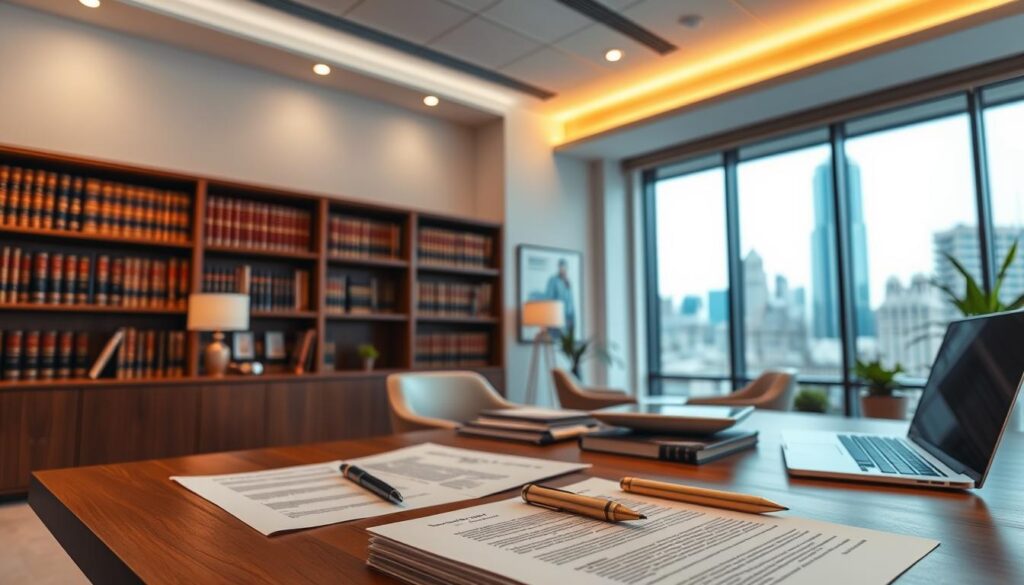 A modern, clean-lined office interior with warm lighting and a professional atmosphere. In the foreground, a wooden desk displays various legal documents, a pen, and a laptop. The middle ground features a bookshelf filled with law books, creating a sense of authority and expertise. In the background, large windows overlook a bustling city skyline, symbolizing the breadth of real estate transactions. The overall scene conveys the importance and complexity of title insurance, a crucial aspect of safeguarding investments in the Illinois real estate market.