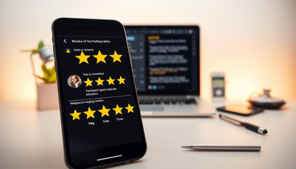 A modern, minimalist composition showcasing a series of digital reviews and ratings for a chiropractor. The foreground features a sleek black smartphone display with a five-star rating interface, surrounded by testimonials and thumbs-up icons. The middle ground presents a clean desktop workspace with a laptop, digital calendar, and medical paraphernalia, conveying a professional, trustworthy ambiance. The background fades into a soft, white backdrop, creating a sense of purity and clarity. Warm, diffused lighting from the sides accentuates the clean, crisp aesthetic, while a slightly low camera angle emphasizes the importance of the review content. A modern, minimalist composition showcasing a series of digital reviews and ratings for a chiropractor. The foreground features a sleek black smartphone display with a five-star rating interface, surrounded by testimonials and thumbs-up icons. The middle ground presents a clean desktop workspace with a laptop, digital calendar, and medical paraphernalia, conveying a professional, trustworthy ambiance. The background fades into a soft, white backdrop, creating a sense of purity and clarity. Warm, diffused lighting from the sides accentuates the clean, crisp aesthetic, while a slightly low camera angle emphasizes the importance of the review content.