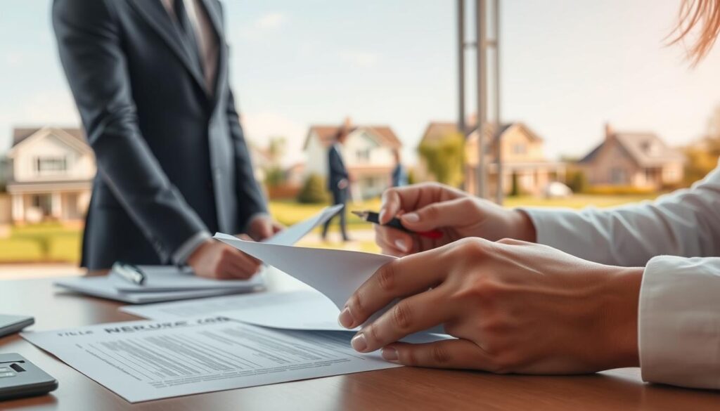A modern, minimalist illustration of the title insurance process. In the foreground, a professional agent reviews documents and paperwork, their hands meticulously examining each detail. In the middle ground, a financial transaction takes place, with a homebuyer and seller signing papers. The background depicts a picturesque suburban neighborhood, hinting at the importance of secure property ownership. Warm, natural lighting bathes the scene, conveying a sense of trust and reliability. The composition is clean, crisp, and visually engaging, reflecting the key role of title insurance in safeguarding real estate transactions.