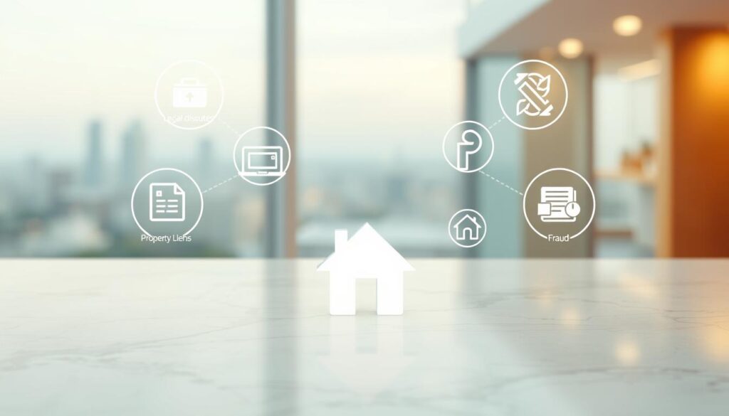 A modern, minimalist illustration showcasing the key benefits of title insurance for owner financing. In the foreground, a stylized house or property icon, surrounded by floating icons representing protection against legal disputes, property liens, title defects, and fraud. In the middle ground, a polished marble or glass surface with a subtle gradient, conveying a sense of stability and security. The background features a softly blurred cityscape or landscape, creating a serene, professional atmosphere. Warm, neutral lighting highlights the clean, geometric design elements, while a shallow depth of field draws the viewer's attention to the central property and title insurance icons.