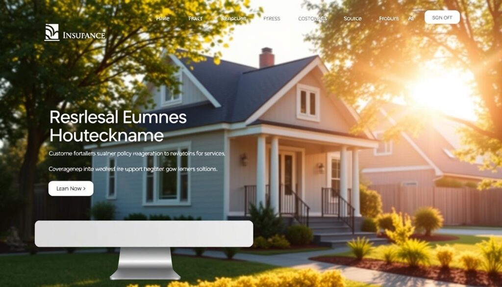 A modern, minimalist insurance agency website with a clean, responsive design. The homepage features a striking hero image showcasing a cozy, well-maintained home against a backdrop of a vibrant, sun-dappled neighborhood. Soft, natural lighting illuminates the scene, creating a warm and inviting atmosphere. In the foreground, a sleek customer portal allows seamless policy management, while the middle ground showcases intuitive navigation and easy-to-access information on coverage options. The background highlights the agency's social media presence, emphasizing their commitment to customer engagement and support. The overall impression is one of professionalism, reliability, and a strong digital footprint that instills confidence in homeowners seeking insurance solutions.