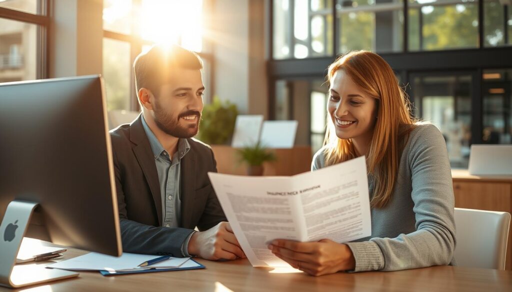 A modern office interior with an insurance agent reviewing an insurance policy document with a client. The scene is illuminated by warm, natural light filtering through large windows, creating a professional and trustworthy atmosphere. The agent's desk is neatly organized, with a computer, paperwork, and a pen. The client is carefully examining the document, while the agent explains the policy renewal process in a friendly and reassuring manner. The focus is on the interaction between the two individuals, capturing the important moment of policy renewal and updating. A modern office interior with an insurance agent reviewing an insurance policy document with a client. The scene is illuminated by warm, natural light filtering through large windows, creating a professional and trustworthy atmosphere. The agent's desk is neatly organized, with a computer, paperwork, and a pen. The client is carefully examining the document, while the agent explains the policy renewal process in a friendly and reassuring manner. The focus is on the interaction between the two individuals, capturing the important moment of policy renewal and updating.
